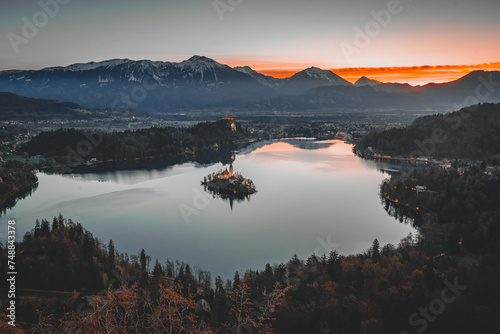 Scenic view of Lake Bled in Slovenia. Island with church in the middle of the lake.