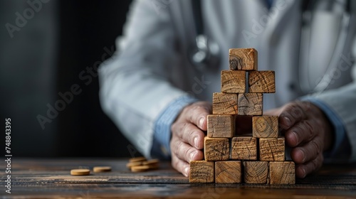 Doctor hand arranging wood block stacking with icon healthcare, medical and protect your health.
