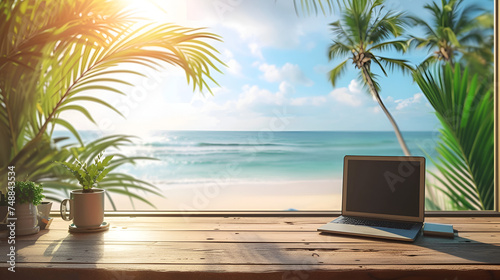 desk of free space and summer beach landscape , Wooden desk of free space and summer background of beach.