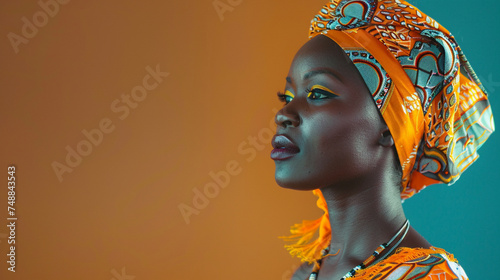 A woman wearing an orange head scarf stands in front of an orange and blue background