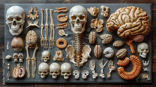Group of Medical Models: Skull, Brain, and Intestine for Anatomy Study. Generative AI.