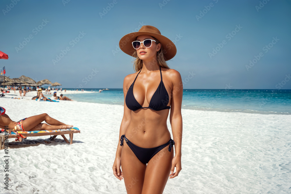 A woman in a black bikini and straw hat stands on a beach.. Young sexy woman at tropical beach.
