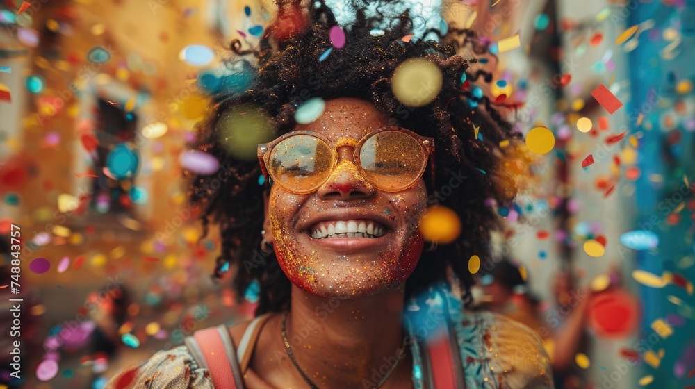 Joyful woman with glitter on her face surrounded by colorful confetti. Joyful woman with glitter on her face surrounded by colorful confetti.