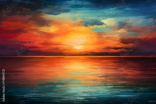 vibrant and colorful landscape painting. It features a sunset or sunrise over a large mountain with a snow-capped peak. The sky is painted in vivid shades 