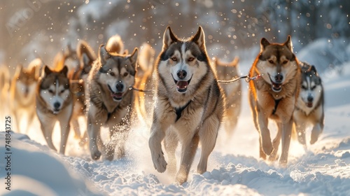 European sled dogs running on musher  s race.