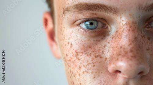 Close up portrait of young man with skin problem Seborrheic Dermatitis on the face, photo