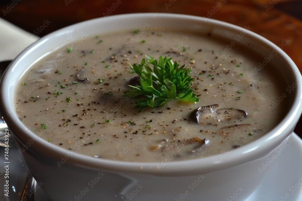 Mushroom cream soup with parsley garnish in white bowl. Mushroom cream soup with parsley garnish in white bowl.