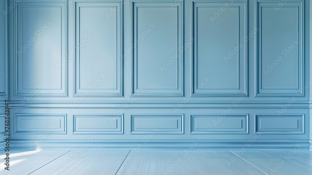 a beautiful baby blue wall paneling interior background, creating a space of timeless sophistication and serenity.
