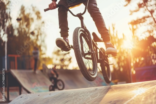 BMX bike trick on skatepark ramp during sunset. Action shot of a cyclist performing stunts.