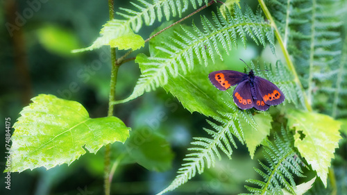 Closeup of a lepidopteran butterfly perched on a green plant photo