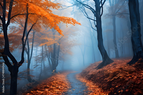  forest path surrounded by trees with autumn foliage  enveloped in a soft  blue mist. A narrow path winds through the center of the image  inviting viewers into the depths of the forest.