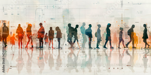Silhouettes of groups of people in a line, overlayed with a digital technology communication diagram, representing working in a global network partnership, banner style image.