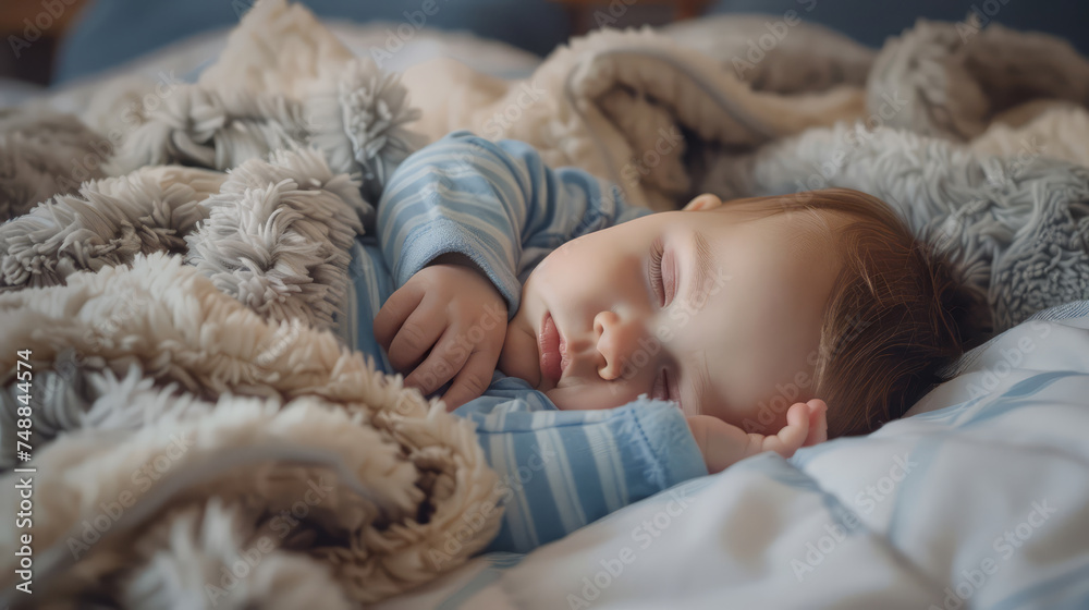 A peaceful toddler in blue pajamas sleeping soundly, snuggled in a cozy blanket on a soft bed. A peaceful toddler in blue pajamas sleeping soundly, snuggled in a cozy blanket on a soft bed.