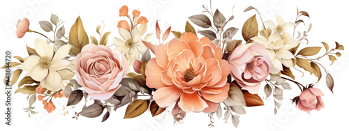 beautiful flowers, roses, and foliage on a white background