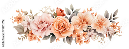 beautiful flowers, roses, and foliage on a white background