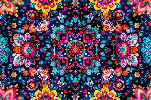 the lively heritage of Mexican Huichol patterns through this colorful design