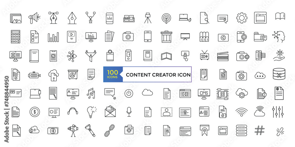 Simple Outline Set of Content Creator icons. Linear style icons pack. UI UX Icon collection