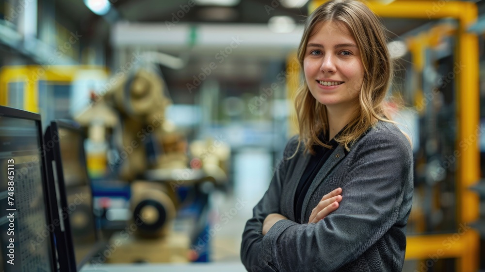Confident female engineer in business attire at an industrial plant.