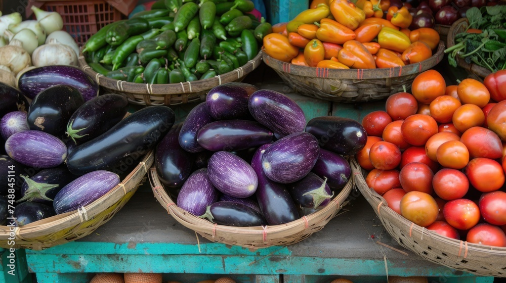 Assorted vegetables in market baskets. Eggplants, tomatoes, and green peppers display