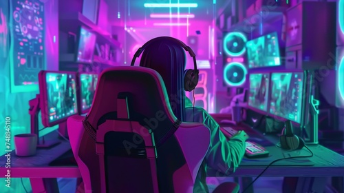 A cheerful young gamer girl with headphones enjoys playing on her computer in a vibrant neon-lit room with multiple gaming monitors