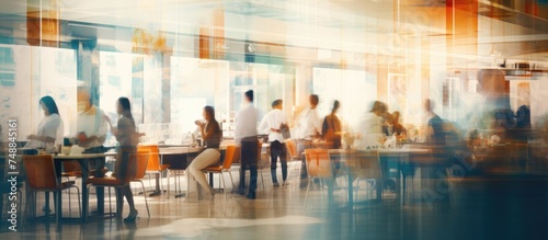 In this blurry photo, abstract figures are seated around a table in a bustling food center or coffee shop. The indistinct shapes suggest a casual gathering or meeting taking place. photo