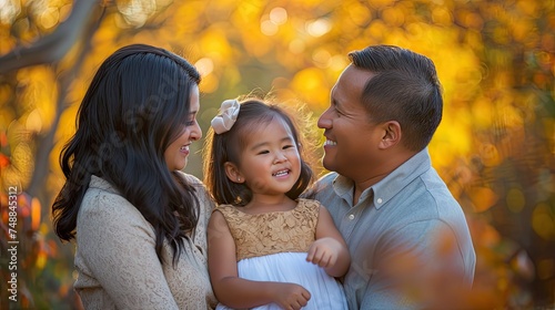 a happy family, quality time together in a park, the genuine smiles and laughter as the parents and two children engage in playful activities amidst the natural beauty of the surroundings.