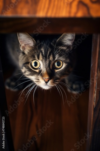 Cute tabby cat looking at camera under wooden table.