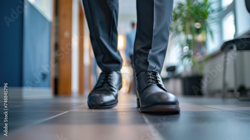 extreme close-up image focusing on a businessman's black office shoe as he is walking through the corridor of a Swedish office setting. © Dara