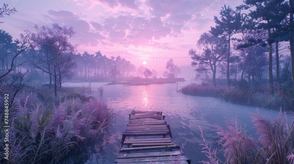 Dusk Serenity by the Lake. A serene landscape featuring a tranquil lake, tall pine trees, and a small wooden dock, under a pink and purple sky. - obrazy, fototapety, plakaty 