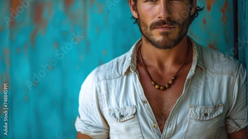 A Man with a Necklace, The Blue Wall Behind Him, A Man's Striking Gaze, The Shirt He Wears.