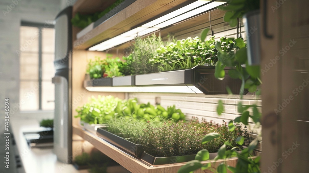 Fototapeta premium Modern indoor hydroponic garden in urban apartment shines as an oasis of sustainable living