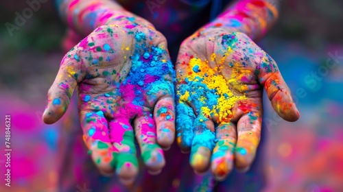 Color-splattered Hands in Vivid Hues Offering a Burst of Festivity and Artistic Expression