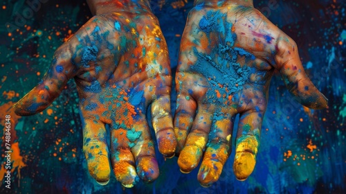 Color-splattered Hands in Vivid Hues Offering a Burst of Festivity and Artistic Expression