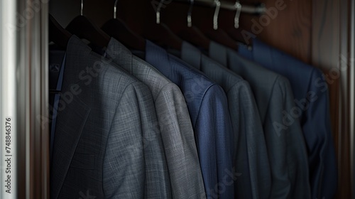 commercial photo, men's plain suit, navy and grey suits, hanging in a closet. Ultra photorealistic