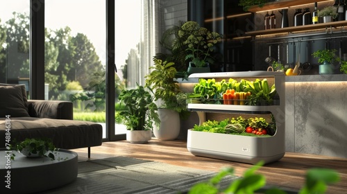 Modern indoor hydroponic garden in urban apartment shines as an oasis of sustainable living photo