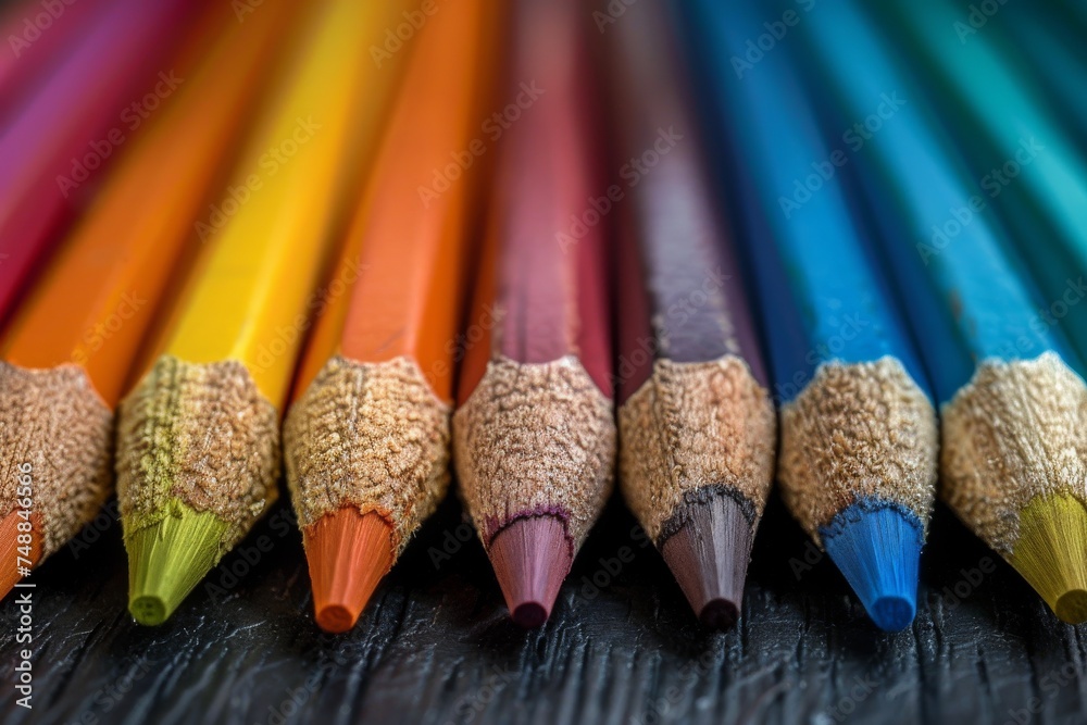 This image captures a close-up shot of sharply pointed colored pencils lined up against a dark background This image captures a close-up shot of sharply pointed colored pencils lined up against a dark background