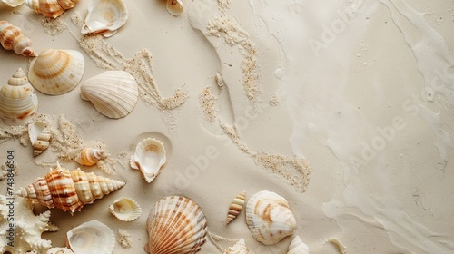 Commercial photography, A flat lay shot of sand with shells and sea_ space for copy space on the left 