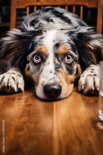 Portrait of a cute Australian Shepherd dog lying head on wooden table