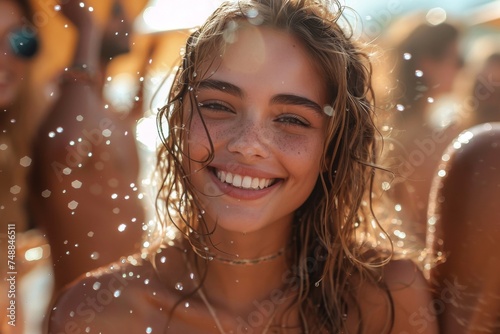 A close-up image capturing a joyful woman with sparkling water droplets on her skin in a lively atmosphere © svastix