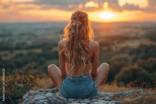 Back view of a woman sitting on a rock overlooking a field during sunset
