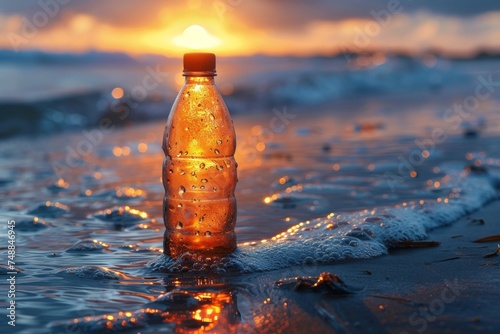 A mesmerizing photo featuring a plastic bottle catching the sun's reflection at sunset on a serene beach