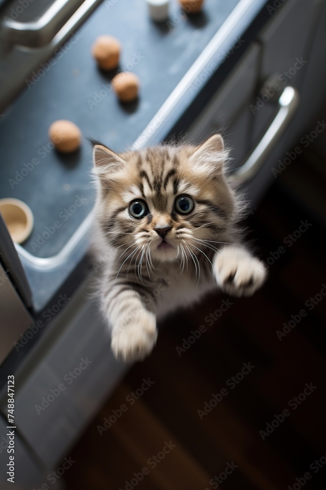 Cute siberian kitten in the kitchen. Selective focus. Cute siberian kitten in the kitchen. Selective focus.
