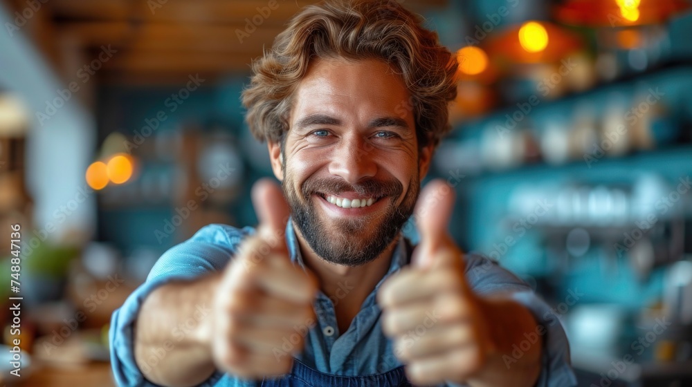 Smiling Chef Giving Thumbs Up, Happy Cook Posing with Two Thumbs Up, Cheerful Man in Kitchen Showcasing Approval, Positive Vibe from a Smiling Cook. Smiling Chef Giving Thumbs Up, Happy Cook Posing with Two Thumbs Up, Cheerful Man in Kitchen Showcasing Approval, Positive Vibe from a Smiling Cook.