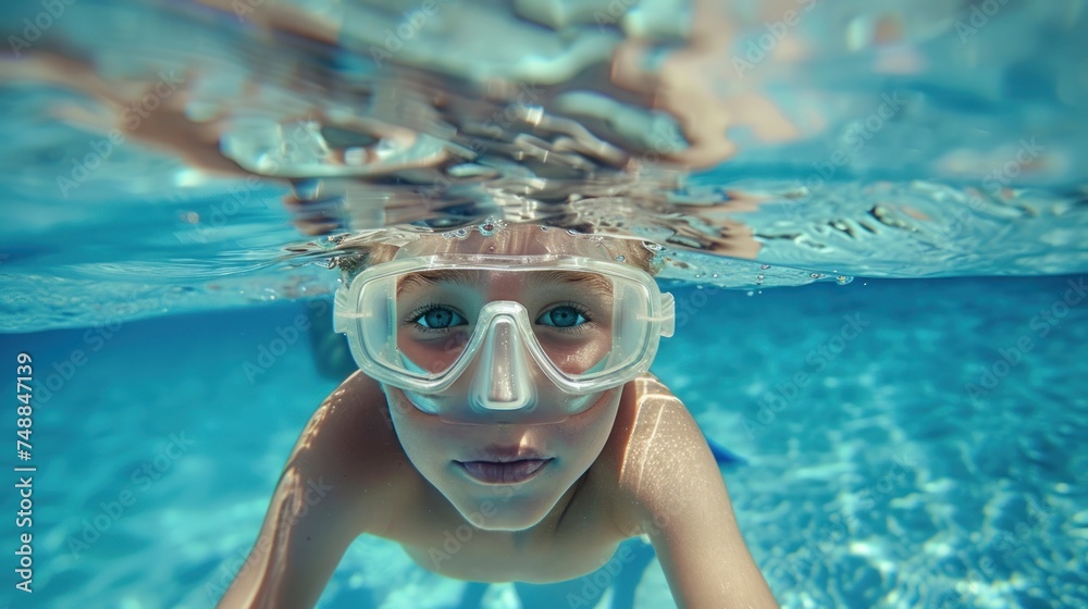 Cute child snorkeling in the swimming pool, underwater perspective, blue water in the swimming pool, realistic style, high definition