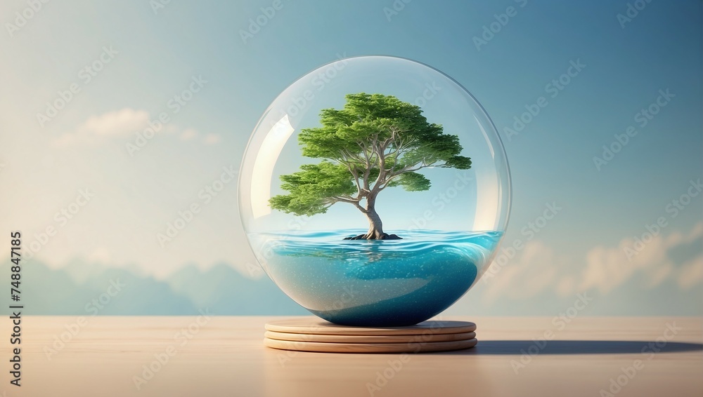 vector image of a glass sphere with water and a tree inside on a wooden stand