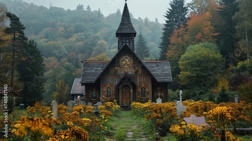 Gothic wooden church of St. Elizabeth from Zabrez located in the open air museum representing village of Orava region. photo
