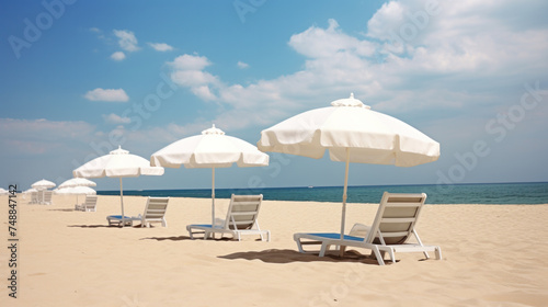 Panoramic view of chairs and white umbrella on beach. Banner  lots of copy space