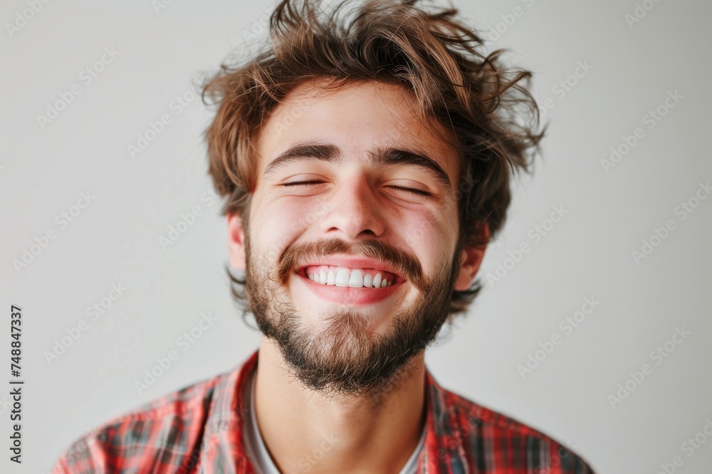 Young, smiling college individuals gather before a clean white background, sharing laughter and excitement as they celebrate. - obrazy, fototapety, plakaty 