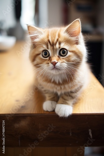 Cute ginger kitten sitting on a wooden table and looking at the camera © Obsidian