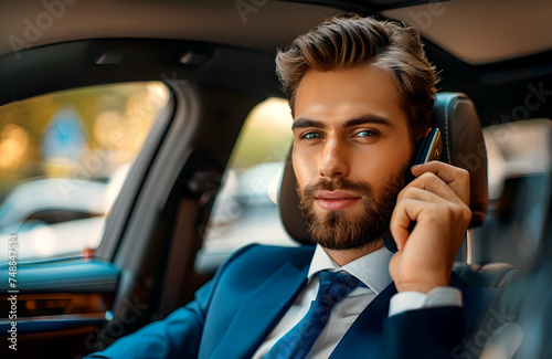 Man in a suit talking on a mobile phone in a car. Ai generated.